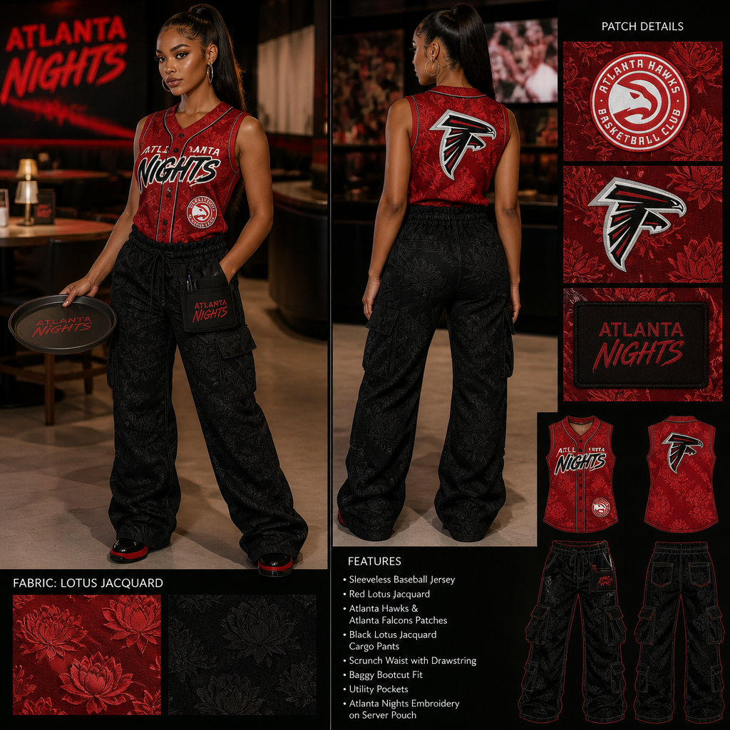 womens wait staff uniform with red sleeveless baseball jersey with company name ATLANTA NIGHTS with atlanta hawks and atlanta Falcons patches with black baggy scrunch waist bootcut cargo pants all made of lotus fabric. Do not add flowers on the design.
Women's wait staff uniform. Red lotus fabric sleeveless baseball jersey with ATLANTA NIGHTS, Atlanta Hawks, and Atlanta Falcons patches. Black lotus fabric baggy scrunch-waist bootcut cargo pants.