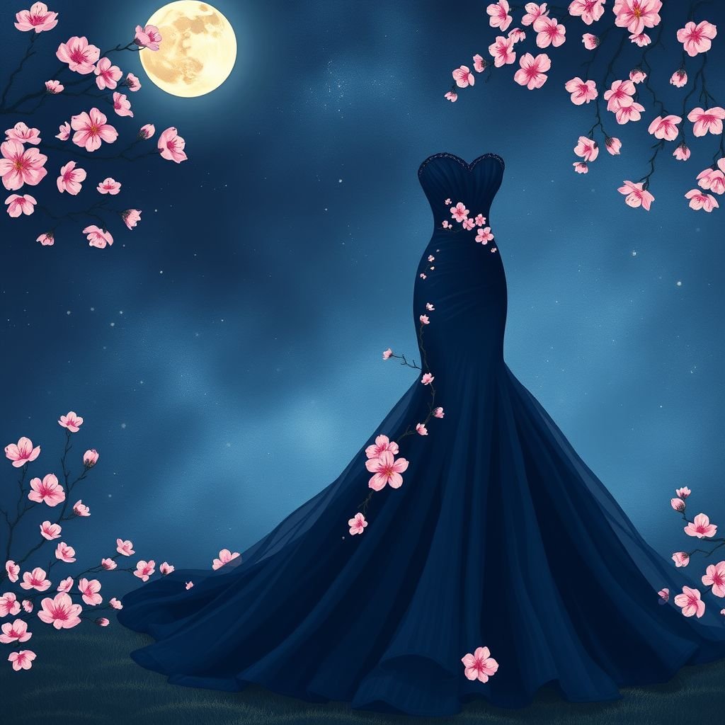 The gown with mermaid silhouette dress  in moonlight garden.The most defining feature is the quarter-circle neckline, which resembles a crescent moon peeking out from behind clouds.  mostly the midnight bleu.At the waist, there is a cluster of small, hand-drawn flowers, likely cherry blossoms or sakura, blossoming diagonally across the front.The lines flowing downward from the waist suggest soft pleats or semi-transparent layers of fabric (like chiffon or organza), contributing to a sense of lightness.

The skirt ends with a slightly irregular hemline, petal-shaped, mimicking the natural form of blossoms or moonlit waves.


The mermaid silhouette gown immersed in a moonlit garden, midnight blue fabric shimmering like twilight skies. Quarter-circle neckline, a delicate crescent moon's embrace. Waist adorned with hand-drawn sakura blossoms, soft pinks emerging from deep hues. Ethereal chiffon layers cascade, inviting gentle movement while petal-shaped hem reflects nature’s elegance, whimsical allure.