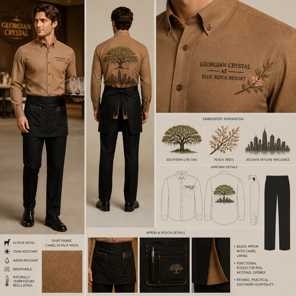 Create a uniform for male wait staff that is camel colored, tailored, relaxed fit, made of alpaca wool, stain-resistant, and water-resistant. Include pants and apron. Button-down shirt should be camel colored with black embroidered letters: Georgian Crystal at Blue Ridge Resort and a Southern Live Oak Tree with Spanish Moss and Peach Trees with fallen peaches, influenced by the Atlanta skyline; pants should be black, and the apron and pouch should be black. The apron and pouch should have camel lining.
Design a male waitstaff uniform.
**Pants:** Black, tailored, relaxed fit.
**Button-down shirt:** Camel alpaca wool, stain-resistant, water-resistant. Embroidered with "Georgian Crystal at Blue Ridge Resort", Southern Live Oak, Peach Trees, Atlanta skyline influence.
**Apron & pouch:** Black, camel lining.
