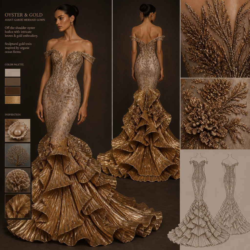 Off-the-shoulder, timeless, modest mermaid gown with a piped chocolate-brown oyster bodice extending to mid-thigh and a gold avant-garde train starting at the knees, with a pure white inner lining like the nacre inside a clam. The slip under the dress should be of metallic netting with lines of pearls gracing the bottom of the netting. The model should be wearing a large gold-plated neck adornment alike the cymbal instrument. add brown visuals and pictures of embroidery on the skirt
Off-the-shoulder mermaid gown. Oyster bodice to mid-thigh. Gold avant-garde train from knees. Brown visuals and embroidery pictures.