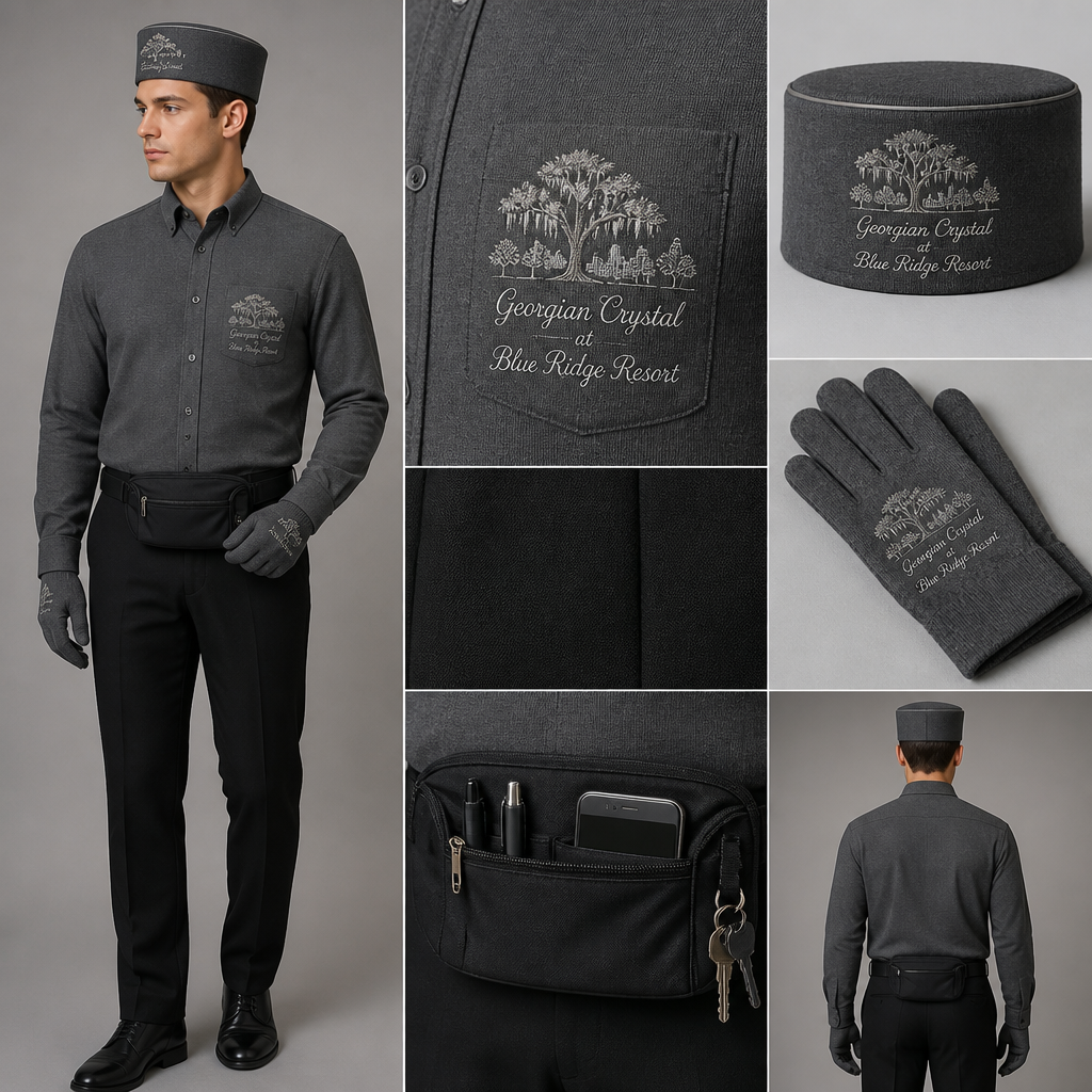Grey long-sleeve knit alpaca wool button-down. Make sure grey pockets have silver stitching. Include an attachable, black sleek, hidden fanny pack to hold pens, a small pen pad, front office cordless phone, and front office keys. The front pocket logo should have the business name "Georgian Crystal at Blue Ridge Resort" embroidered with silver stitching only in cursive font. Include a silver-embroidered Southern Live Oak Tree with Spanish Moss and Peach Trees with fallen peaches influenced by the Atlanta skyline within front pocket logo. Please create a design for men only. Logo should be located on the front of the button-down. Include a logoed bellmen hat and gloves for bellmen. Black alpaca wool straight-cut tailored pants should have black stitching
Men's grey long-sleeve, alpaca wool, knit button-down shirt. Classic fit. Solid grey with grey patch pockets, silver stitching. "Georgian Crystal at Blue Ridge Resort" logo on left chest pocket, silver cursive embroidery, depicting Southern Live Oak, Spanish Moss, Peach Trees, Atlanta skyline. Black alpaca wool, straight-cut tailored pants. Attach black fanny pack (hidden design) for pens, notepad, phone, keys. Matched bellman hat and gloves with logo.