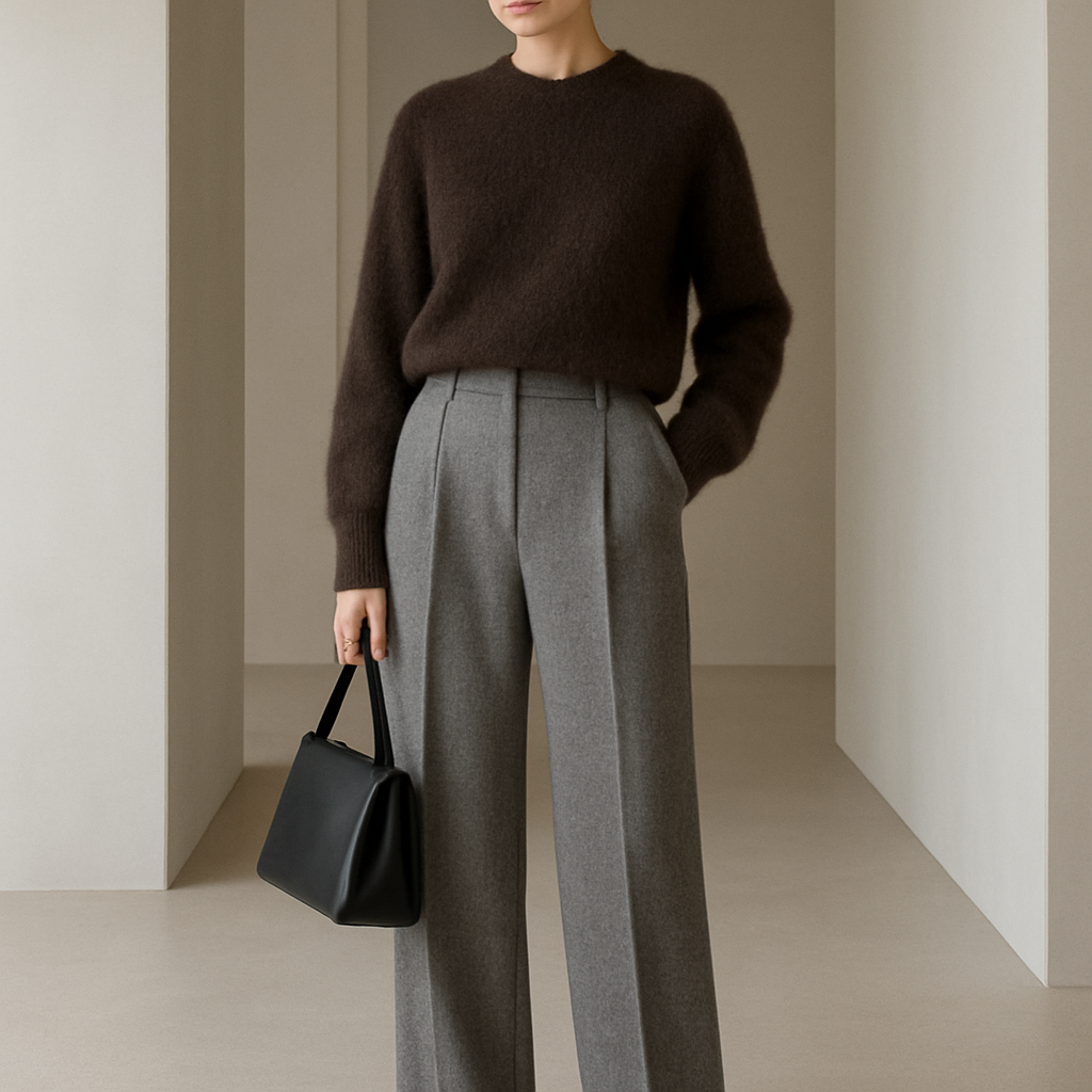Full-body fashion photography of a woman wearing elegant high-waisted wide-leg wool trousers in heather grey. The trousers are made from soft, medium-weight fabric with a subtle textured weave and a relaxed, tailored silhouette. The model pairs them with a dark brown mohair sweater and brown loafers, holding a structured black leather handbag. The outfit feels cozy, minimalist, and premium. The lighting is soft daylight, emphasizing the natural fabric texture. Background shows a modern indoor hallway with wooden doors and neutral tones. Style aesthetic: Scandinavian minimalism, timeless elegance, quiet luxury.
Ready To Wear fashion design: Full-body photo of a woman in high-waisted, wide-leg heather grey wool trousers. Soft, medium-weight fabric. Paired with a dark brown mohair sweater and brown loafers. Carries a black leather handbag. Cozy, minimalist, premium feel. Soft daylight, modern hallway background. Scandinavian minimalism, timeless elegance, quiet luxury.