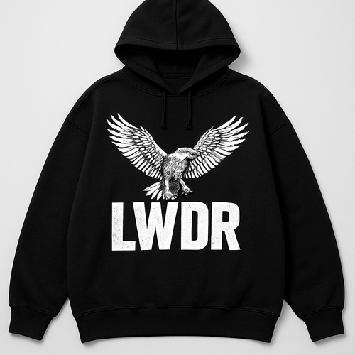 Erstelle ein modernes Streetwear-Design für die Marke **LWDR (Life Wild Die Rich)**. Das Design soll folgende Merkmale aufweisen:

- Kleidungstyp: z. B. Oversized Hoodie, Zip-Jacke, T-Shirt, Fleece oder Puffer-Jacke  
- Farbpalette: hauptsächlich schwarz, weiß, evtl. dunkle Grau- oder Metallic-Akzente  
- Grafik-Motiv: ein stilisierter Adler oder Flügelmotiv (inspiriert von deinem bisherigen LWDR-Design), kombiniert mit urbanen, grafischen Elementen  
- Schriftzug: „LWDR“ prominent integriert, eventuell zusätzlich in kleinerer Schrift „Life Wild Die Rich“ oder „Lower Death“ als subtiler Schriftzug  
- Textur & Material: robuster Stoff, z. B. dickes Baumwoll-Fleece, Puffer-Material, oder glattes, leicht glänzendes Nylon  
- Silhouette: Oversized / locker sitzend, mit typischen Streetwear-Details wie elastischen Bündchen, Kordelzug, Zipper (bei Hoodie oder Jacke)  
- Zusätzliche Details: akzentuierte Nähte, eventuell Zipper-Taschen, futuristische oder minimalistische Elemente, leichte Vintage- oder Used-Optik bei Prints  
- Stimmung: kraftvoll, rebellisch, luxuriös, wild – aber nicht übertrieben, eher urbaner Luxus  

Style-Beispiele inspiriert von Pesoclo-Bestsellern: Hoodie im Stil des **PESO RAWS Hoodie**, T-Shirt mit Adler-Grafik ähnlich dem **PESO Vintage Eagle Tee**, Puffer-Jacke wie das **PESO Basic Puffer**, Flanell- oder Karomuster-Elemente wie beim **PESO Checkered Flannel**, technische Zip-Details wie beim **PESO Zodiac Zip**, Fleece-Elemente wie beim **PESO Hunter Fleece**.

Erzeuge mehrere Varianten (mindestens 3):  
1. Ein klassischer Oversized Hoodie mit Flügel-Print  
2. Ein Zip-Jacken-Design mit dezenter LWDR-Grafik + Metall- oder Zipper-Details  
3. Ein T-Shirt (Tee) mit großem Adler-Print + Schriftzug + Vintage-Textur  

Füge bei jedem Design eine kurze Beschreibung (1–2 Sätze) hinzu, z. B. wofür das Stück getragen werden könnte (z. B. „urbaner Abendlook“, „comfy Streetlook“, etc.).

Optional: Variante mit reflektierenden Elementen (z. B. bei Nähten oder Print) für Nacht- bzw. Festival-Streetwear.
