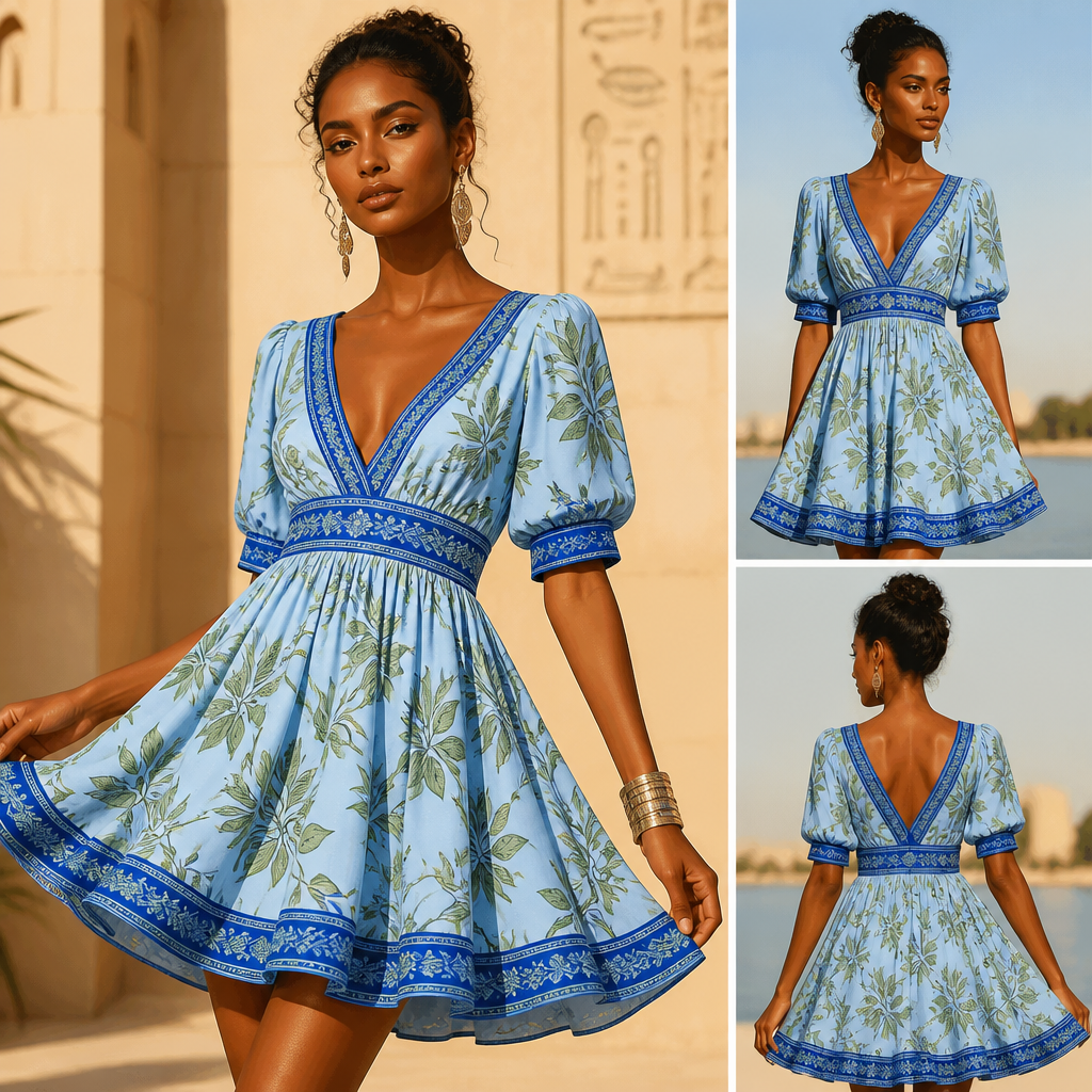 create one cut continuous cut for summer light material mix between baby blue and royal blue and green
short cut with half sleeve dress royal Egyptian bronze model
Cocktail fashion design: Baby blue and royal blue summer cocktail dress. Short, flowing silhouette, delicate green leaf pattern. Made from light cotton. Half-sleeves for an elegant Egyptian bronze model.