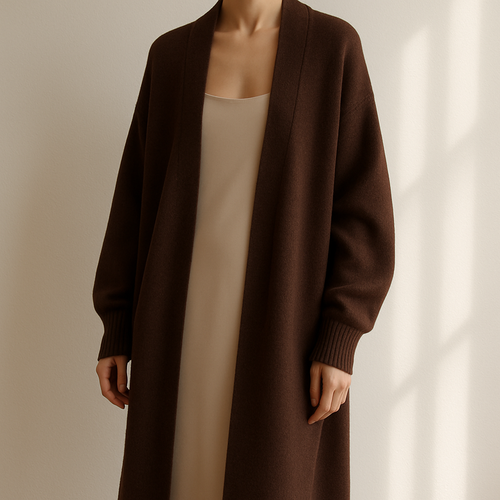 A luxury oversized knitted long cardigan in rich chocolate brown, thick soft wool texture, cozy and elegant drape, styled with a minimal chic slip dress, high-fashion editorial look, photographed in natural daylight, cinematic shadows, luxury brand campaign aesthetic
