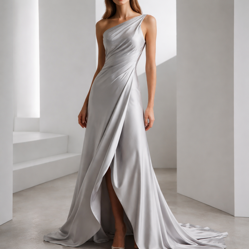 A big flow dress that is based on alien core
Contemporary fashion design: Fluid maxi dress, silver silk, asymmetric hem. Architectural draping, clean lines. Slim fit bodice, flowing skirt. Modern and elegant.