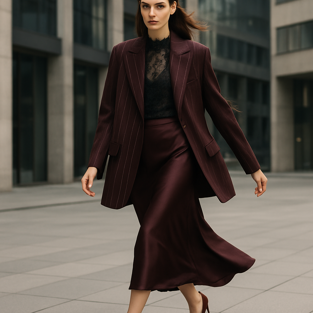 High fashion editorial, full body street shot at golden hour. Elegant woman drapes a dark bordeaux wool oversized blazer over one shoulder, fabric with single thin vertical white pinstripes, evenly spaced (no double stripes), single button, no chest pocket, only two lower flap pockets, soft wool texture. She wears a black lace blouse and dark bordeaux satin midi skirt, pointed-toe heels. Subtle wind in hair and skirt for motion. Modern city background slightly out of focus, soft natural light with cinematic grade, luxury magazine vibe. Confident stride, long lines, full body in frame, sharp focus.

Luxury fashion design: High fashion editorial. Elegant woman drapes a dark bordeaux wool oversized blazer with thin white pinstripes, single button, and two flap pockets. She wears a black lace blouse and dark bordeaux satin midi skirt, pointed-toe heels. Subtle wind for motion. Modern city background, soft natural light, cinematic grade, luxury magazine vibe. Confident stride, full body, sharp focus.