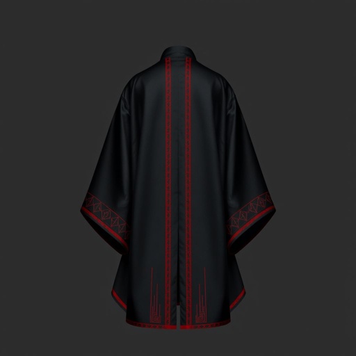 Design a men's kimono with a futuristic, minimalist aesthetic. Incorporate vertical lines and subtle red accents for contrast, creating a sleek, modern look. The kimono should have a shamanic, futuristic vibe, blending geometric shapes and spiritual symbolism. The base color should be black, with the red accents adding a sophisticated touch of color and depth. The design should evoke both tradition and innovation, combining ancient spiritual elements with a cutting-edge, technological feel."

