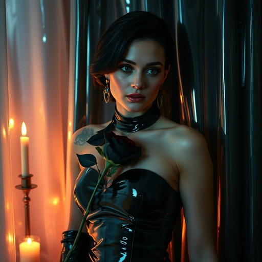 "A mysterious woman in a Futuristic, glamour setting. She stands in a dimly lit, girly room, wearing a tight latex dress in dark psychedelic Pastel colors with subtle metallic reflections. Her stance is powerful and elegant, one hand resting on her hip, the other holding a black Rose. Her eyes glow with intelligence and control. Behind her, soft candlelight reflects on shiny latex curtains. The atmosphere is charged with hypnotic tension and artistic allure, like a painting come to life. Ultra-detailed, cinematic lighting, 4K realism, in the style of Russ meyer's movies"