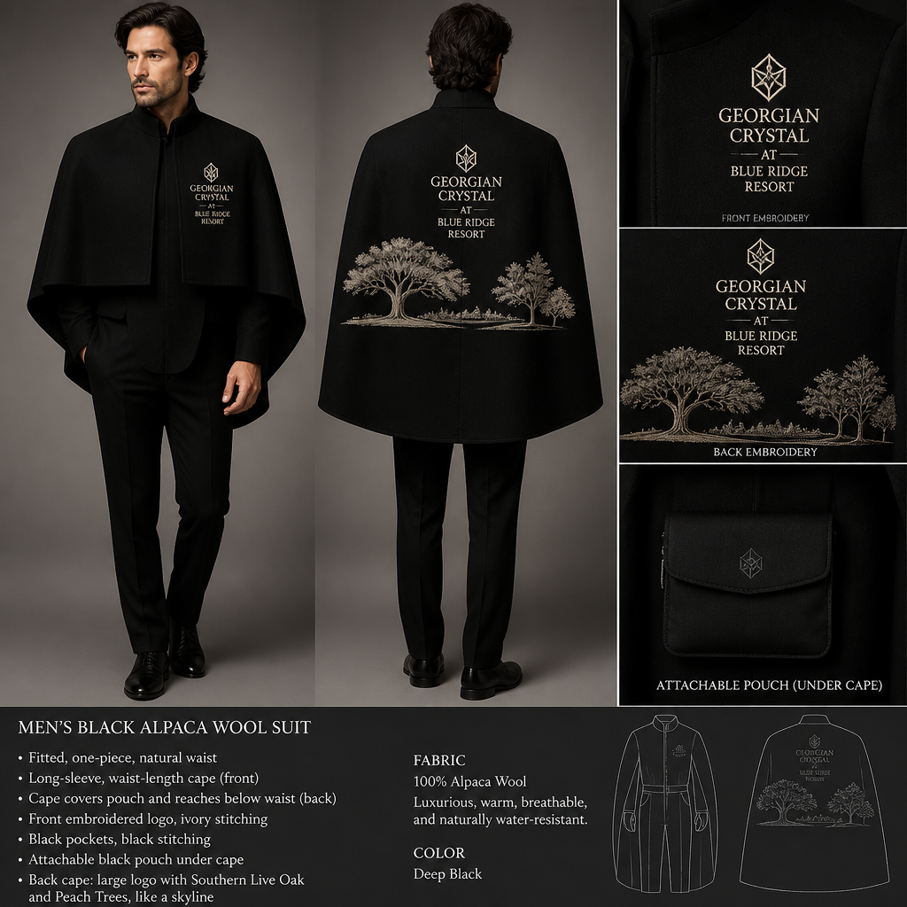 All Black warm long-sleeve cape, waist-length, all-around one-piece alpaca wool suit with "Georgian Crystal at Blue Ridge Resort" embroidered front logo with Ivory stitching, then add black pockets. Make sure pockets have black stitching. Include an attachable black pouch under the cape to hold pens, a small pen pad, front office cordless phone, and front office keys. Back of cape must show logo large with Southern Live Oak Tree With Spanish Moss and Peach Trees with fallen peaches gracing the edges of the back cape like the Atlanta skyline. Please make sure the cape is large enough to cover the pouch and reaching below the waist. Please create design for men only.
Men's black alpaca wool suit. Fitted, one-piece, natural waist. Long-sleeve, waist-length cape. Front embroidered "Georgian Crystal at Blue Ridge Resort" logo, ivory stitching. Black pockets, black stitching. Attachable black pouch under cape. Back of cape: large logo with Southern Live Oak and Peach Trees, like a skyline. Cape covers pouch and reaches below waist.