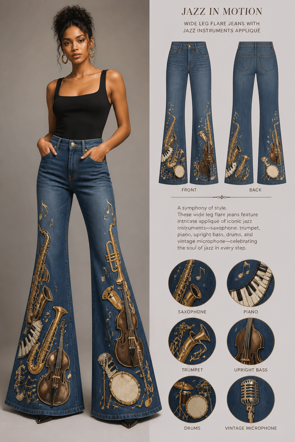 Wide leg flare jeans with jazz instruments appliqué gracing the jeans from the knees to the bell bottom
Wide leg flare jeans with jazz instruments appliqué gracing the jeans from the knees to the bell bottom