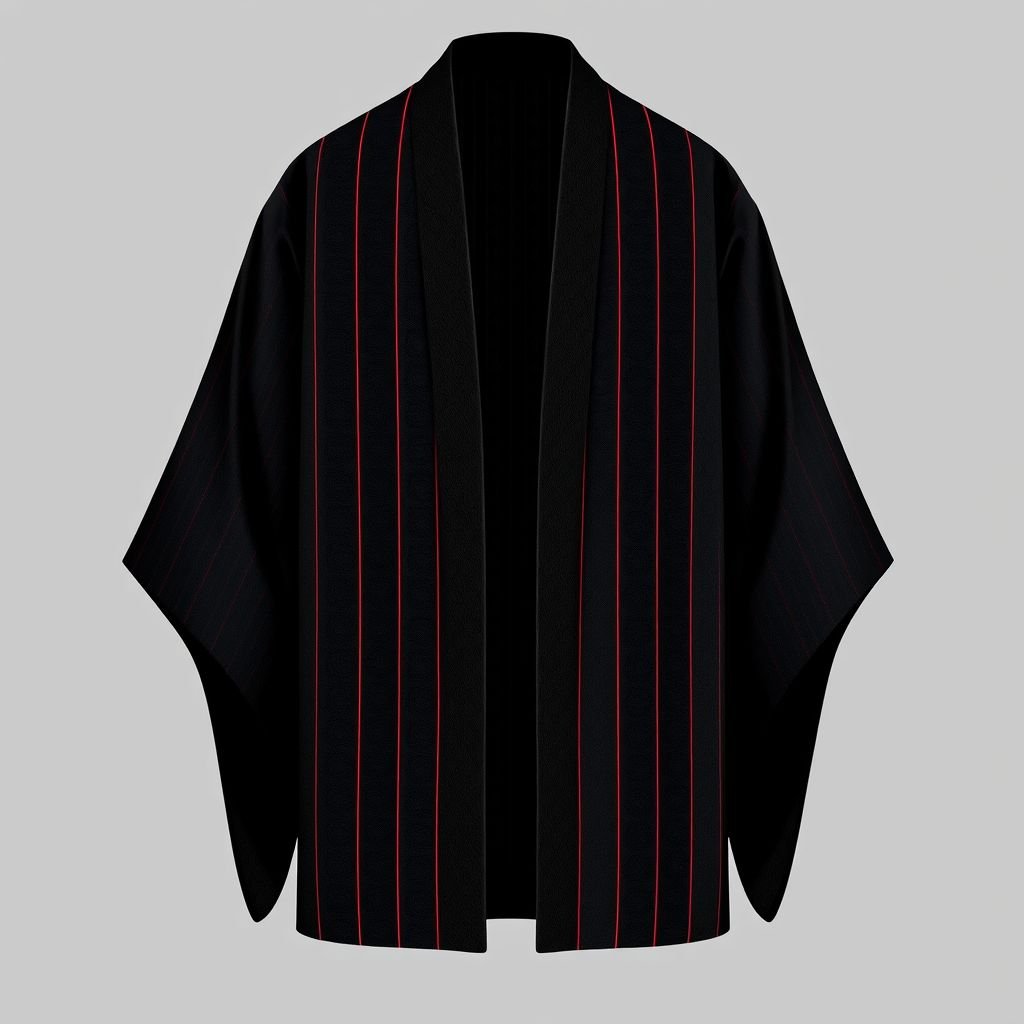 Design a men's kimono with a futuristic, minimalist aesthetic. Incorporate vertical lines and subtle red accents for contrast, creating a sleek, modern look. The kimono should have a shamanic, futuristic vibe, blending geometric shapes and spiritual symbolism. The base color should be black, with the red accents adding a sophisticated touch of color and depth. The design should evoke both tradition and innovation, combining ancient spiritual elements with a cutting-edge, technological feel."



Men's kimono, black fabric, sleek silhouette, minimalist design. Vertical lines, subtle red accents interwoven, creating contrast. Geometric shapes, shamanic symbols echoing spirituality and innovation. Flowing sleeves, open front, encapsulating modernity. Luxurious texture, a blend of tradition and futurism. Cutting-edge aesthetic, embodying cultural heritage with a contemporary edge.