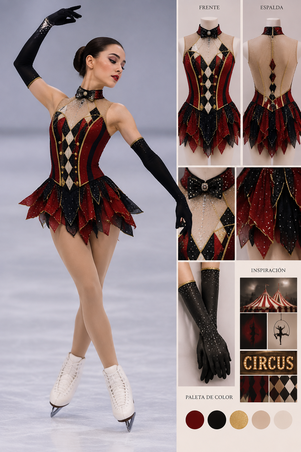 Vestido de patinaje artístico sobre hielo con temática circo, con guantes negros
Vestido de patinaje artístico sobre hielo con temática circo, con guantes negros