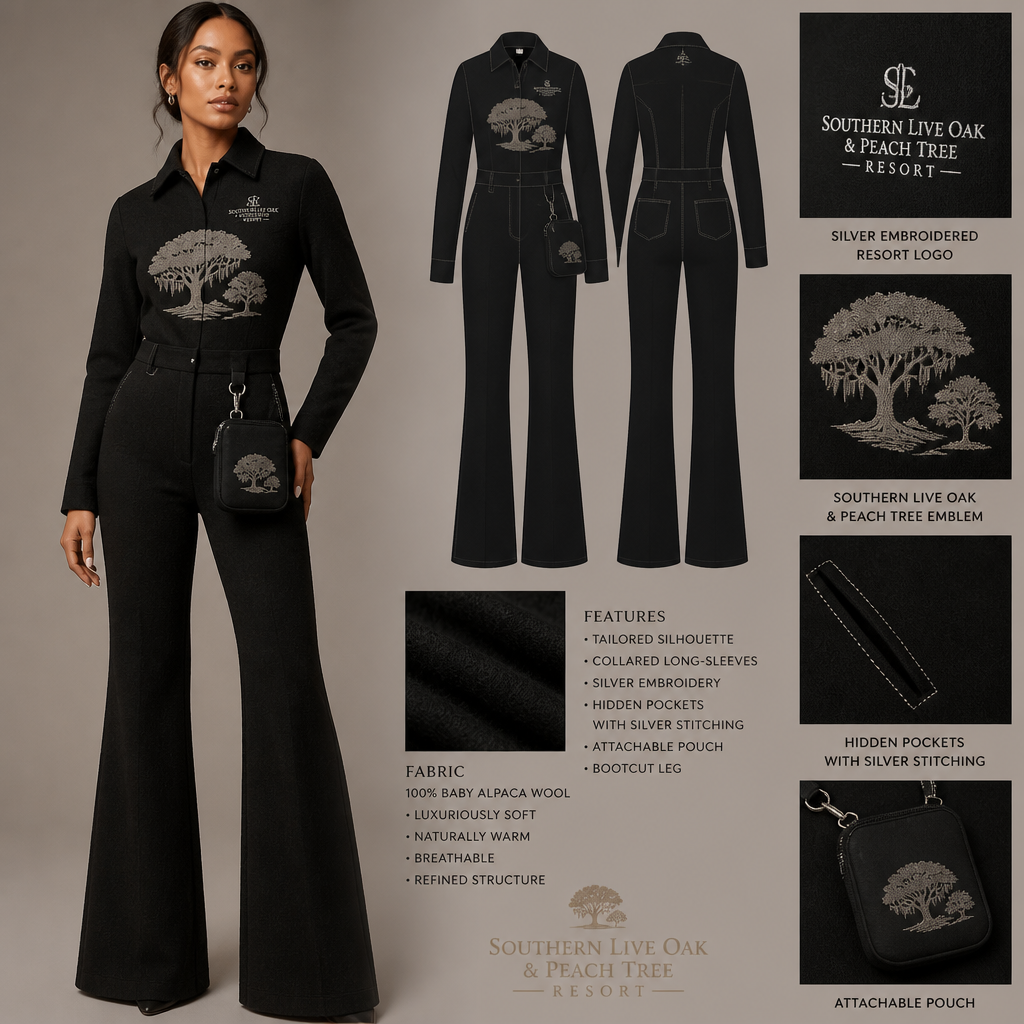 Black warm collared long-sleeve timeless elegance tailored professional bootcut jumpsuit made of alpaca wool with silver cursive font embroidered "Georgian Crystal at Blue Ridge Resort" on front logo with silver stitching, then add hidden black pockets. Make sure non-sheen pockets have silver stitching. Include an attachable hidden black pouch to hold pens, a small pen pad, front office cordless phone, and front office keys. Large logo should include a silver-stitched only Southern Live Oak Tree with Spanish Moss and Peach Trees with fallen peaches, influenced by the Atlanta skyline on the front chest area only, and The entire front chest logo size should be the size of a circular plate, including the resort name. Create a design for women in the front office only.
Black alpaca wool bootcut jumpsuit with a warm, tailored silhouette. Features collared long-sleeves, silver embroidered resort logo on chest, hidden black pockets with silver stitching, and an attachable pouch. Large Southern Live Oak and Peach Tree emblem on front chest.