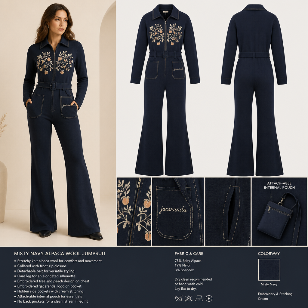 misty navy warm, collared, belted, and stretchy long-sleeve timeless elegance professional flare leg non-jean jumpsuit made of alpaca wool with cream cursive font embroidered "Georgian Crystal at Blue Ridge Resort" logo pocket with cream stitching, then add hidden misty navy pockets. Make sure non-sheen pockets have cream stitching. Include an attachable hidden misty navy pouch to hold pens, a small pen pad, front office cordless phone, and front office keys. Large logo should include a cream-stitched only Southern Live Oak Tree with Spanish Moss and Peach Trees with fallen peaches, influenced by the Atlanta skyline on the front chest area only, and The entire front chest logo size should be the size of a circular plate, including the resort name within the circular plate only. Create a design for women in the front office only. Remove back pockets
**Misty navy alpaca wool jumpsuit**, collared, belted, flare leg. **Stretchy knit fabric**. Embroidered cream cursive logo on pocket with cream stitching. Large cream-stitched tree and peach pattern on chest. Hidden misty navy side pockets with cream stitching. Attach-able internal misty navy pouch. No back pockets.