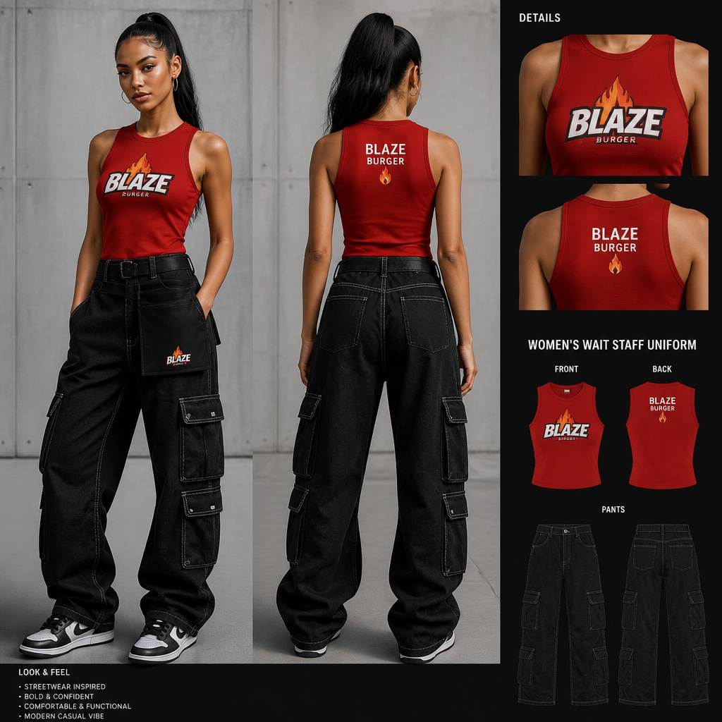 womens wait staff uniform with red sleeveless, fitted jersey with bold ATLANTA NIGHTS business logo tucked in with black baggy cargo fit denim with multiple pockets and relaxed, streetwear inspired
Women's wait staff uniform: Red sleeveless, fitted jersey top with bold business logo, tucked in. Black baggy cargo denim pants with multiple pockets. Casual, streetwear silhouette.
