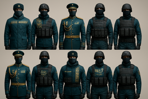 Create a fashionable conceptual collection of 12 male clothing models designed for the Kazakh special forces.

The collection should include:
• Different types of special units — shooters, guards, scouts, commanders, etc.
• Functional types of clothing — winter uniforms, ceremonial outfits, training sets, and everyday tactical wear.
• Design style inspired by Yves Saint Laurent — combining elegance, masculinity, and refined detailing.
• The outfits must be stylish, modern, and original, yet fully functional — maintaining all key tactical requirements: body armor integration, comfort when carrying weapons, large pockets, tactical elements, durable fabrics, waterproofing, and thermal protection.
• Each soldier should have a headgear that fully covers the face, similar to special forces gear, but redesigned in a fashionable, aesthetic way.
• Models should be masculine, athletic, and strong-looking, with confident postures.
• Each of the 12 looks must be unique and individual, with different cuts, textures, silhouettes, and proportions.
• Include Kazakh-inspired details to emphasize national identity — traditional ornaments, flag colors, geometric patterns, and elements inspired by the steppe, mountains, and warrior spirit.
• The overall atmosphere of the collection should express power, discipline, style, and national pride.

Show high fashion — a fusion of functionality and aesthetics, as if it were a runway collection for the military parade of the future.