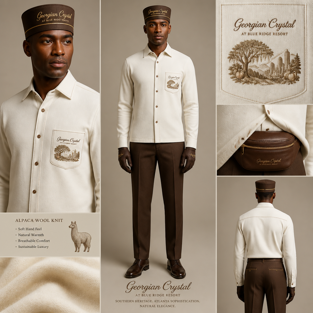White long-sleeve knit alpaca wool button-down. Make sure white pockets have brown stitching. Include an attachable, hidden brown sleek fanny pack to hold pens, a small pen pad, front office cordless phone, and front office keys. The front pocket logo should have the business name "Georgian Crystal at Blue Ridge Resort" embroidered with brown stitching only in cursive font. Include brown embroidered Southern Live Oak Tree with Spanish Moss and Peach Trees with fallen peaches influenced by the Atlanta skyline within front pocket logo. Please create a design for men only. Logo should be located on the front of the button-down. include logoed bellmen hat and gloves for bellmen. Brown alpaca wool straight-cut tailored pants should be brown with gold stitching
Men's white alpaca wool knit long-sleeve, straight-cut button-down shirt. White pockets with brown stitching, "Georgian Crystal at Blue Ridge Resort" logo (cursive, brown embroidery) on front pocket featuring Southern Live Oak, Spanish Moss, Peach Trees, and Atlanta skyline. Hidden brown fanny pack. Brown alpaca wool straight-leg, tailored pants with gold stitching. Logoed bellmen hat and gloves.