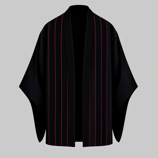 Design a men's kimono with a futuristic, minimalist aesthetic. Incorporate vertical lines and subtle red accents for contrast, creating a sleek, modern look. The kimono should have a shamanic, futuristic vibe, blending geometric shapes and spiritual symbolism. The base color should be black, with the red accents adding a sophisticated touch of color and depth. The design should evoke both tradition and innovation, combining ancient spiritual elements with a cutting-edge, technological feel."

