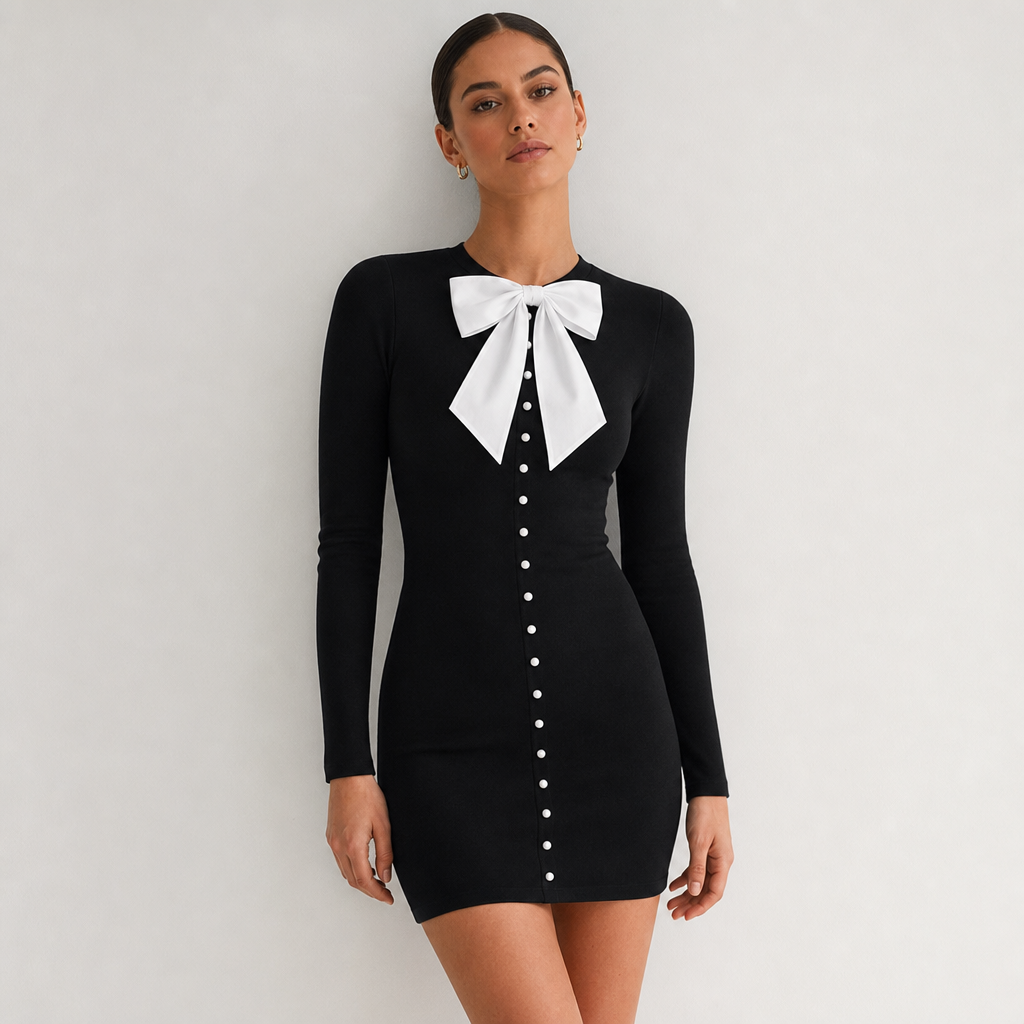 Short black tight dress with long sleeves. White bow tie on black dress with white buttons going down dress.
Contemporary fashion design: **Contemporary Enhanced Prompt:**
* **Sleek black jersey mini dress, fitted silhouette, long sleeves. Crisp white cotton bow at the neckline, vertical line of small white buttons extending down the front. Minimalist, clean lines.**