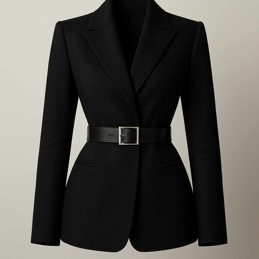 a black tailored jacket. The jacket should cinch  at the waist and be similar to a blazer but it is not a blazer. It does not have buttons. Instead it has clasps on the inside and it has a belt in the center that has a silver plaque

Ready To Wear fashion design: Black tailored jacket, waist-cinching silhouette. Cotton twill. No buttons, interior clasps. A central black leather belt with a rectangular silver buckle. Slim fit.