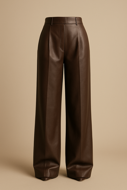 Realistic ghost mannequin photo of women’s high-waist, wide-leg leather pants in rich chocolate brown color. The pants appear suspended in midair with natural volume and flow — slightly soft drape through the legs and light folding near the ankle to show movement and fabric weight. Matte leather surface with smooth reflections and visible grain texture. Warm neutral studio background, soft lighting from upper left side for realistic depth. Luxury product photography aesthetic, high detail, elegant minimal composition.