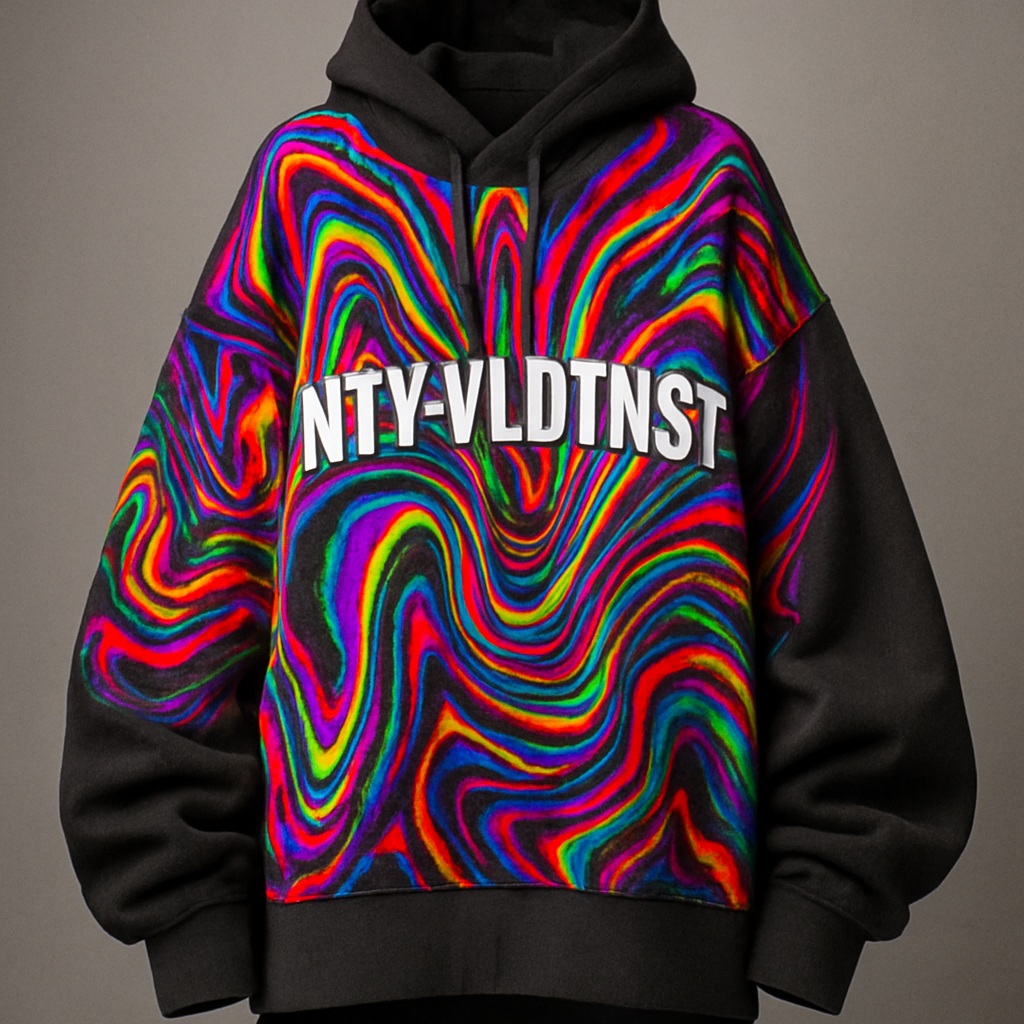 weird looking hoodie with two layers of fabric while the outside layer looking like some weird psychedelic vibe, it gives psychopathic vibes and it has NTY-VLDTNST written on it
Haute Couture fashion design: Two-layered hoodie, cotton, dark gray. Outer layer features a psychedelic swirl pattern in vibrant neon colors, giving a chaotic, unsettling impression. The fit is oversized, with exaggerated sleeves. Boldly embroidered "NTY-VLDTNST" in stark white.