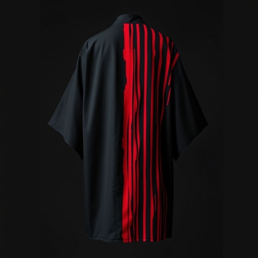 Design a men's kimono with a futuristic, minimalist aesthetic. On one side of the kimono, feature vertical lines in varying widths and lengths, randomly placed in red, creating a dynamic and fluid pattern. The other side should remain clean and simple, maintaining a sleek, modern silhouette. The base color should be black, with the red lines adding contrast and energy to one side. The overall design should combine a modern, shamanic feel, blending tradition with innovation, and evoke both spiritual and futuristic elements."