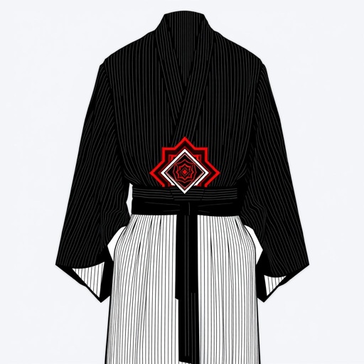 Design a men's kimono with a futuristic, minimalist aesthetic. Incorporate vertical lines and subtle red accents for contrast, using a refined pinstripe pattern. The kimono should have a shamanic, futuristic vibe with bold geometric elements and a sleek, modern silhouette. The base color should be black, with the red and pinstripe details adding a sophisticated touch of color and depth. The design should evoke both tradition and innovation, blending spiritual and technological elements."