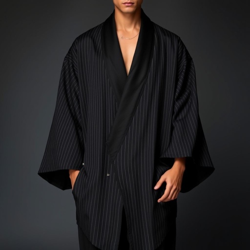 Design a men's kimono with a futuristic aesthetic, blending minimalist. Line vertical. Pinstripe. Shaman futuristic. Black 