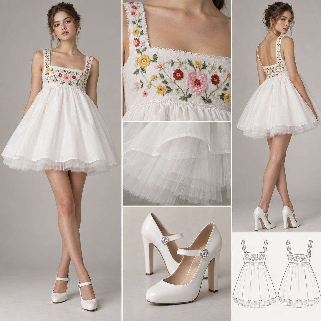 White baby doll dress with white tulle underneath and pink and yellow and red flowers embroidered on bib. White high heel Mary Jane shoes with rhinestone button at strap
White baby doll dress with white tulle underneath and pink and yellow and red flowers embroidered on bib. White high heel Mary Jane shoes with rhinestone button at strap, contemporary style
