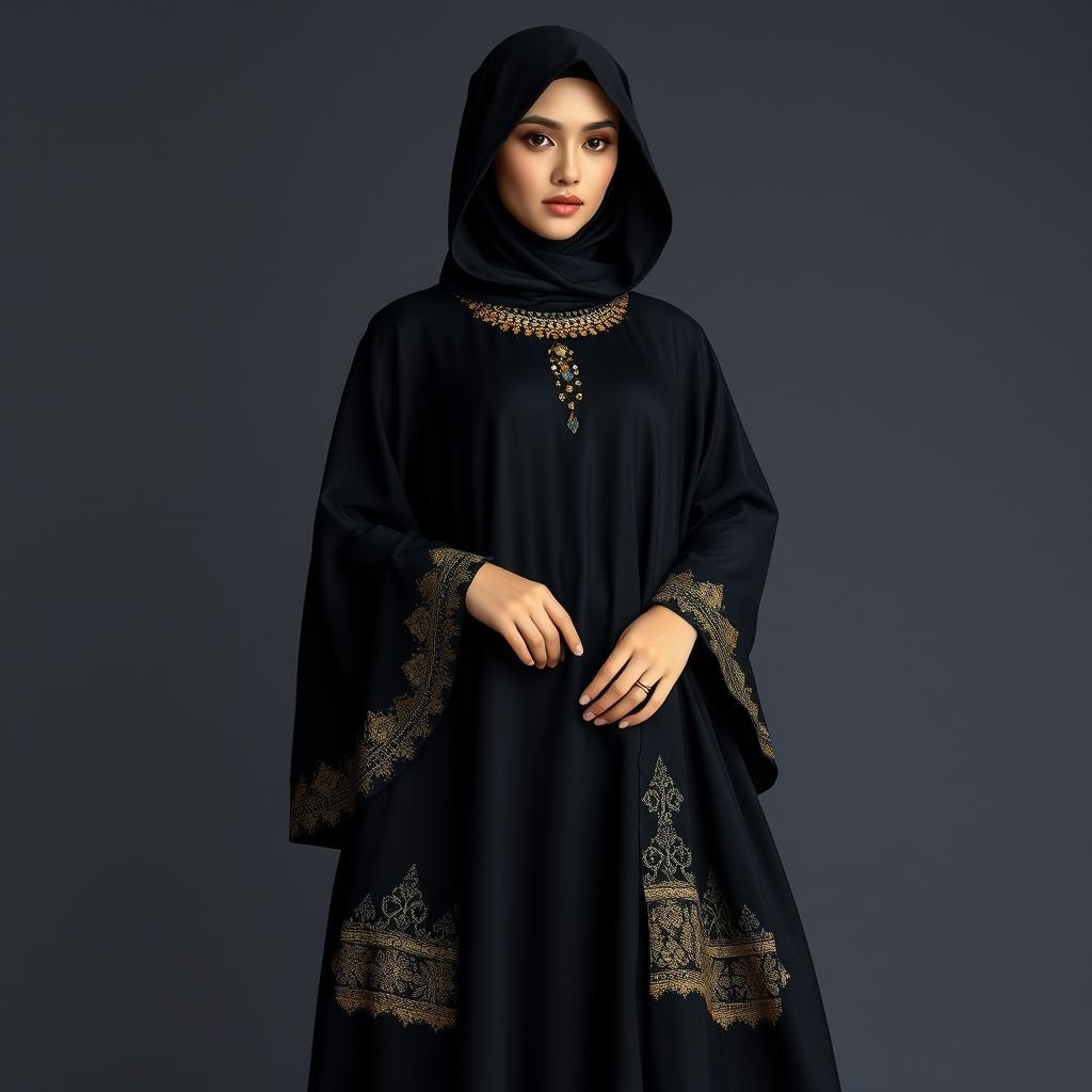Black Arab Women's Abaya Design
Elegantly flowing black abaya, delicate silk fabric cascading to the ankles. Intricate golden embroidery tracing geometric patterns along the sleeves and hemline. Light, airy silhouette with a high neckline adorned with subtle gemstones, capturing a regal essence. Soft, oversized hood framing the face, exuding sophistication and contemporary grace. Timeless and enchanting.