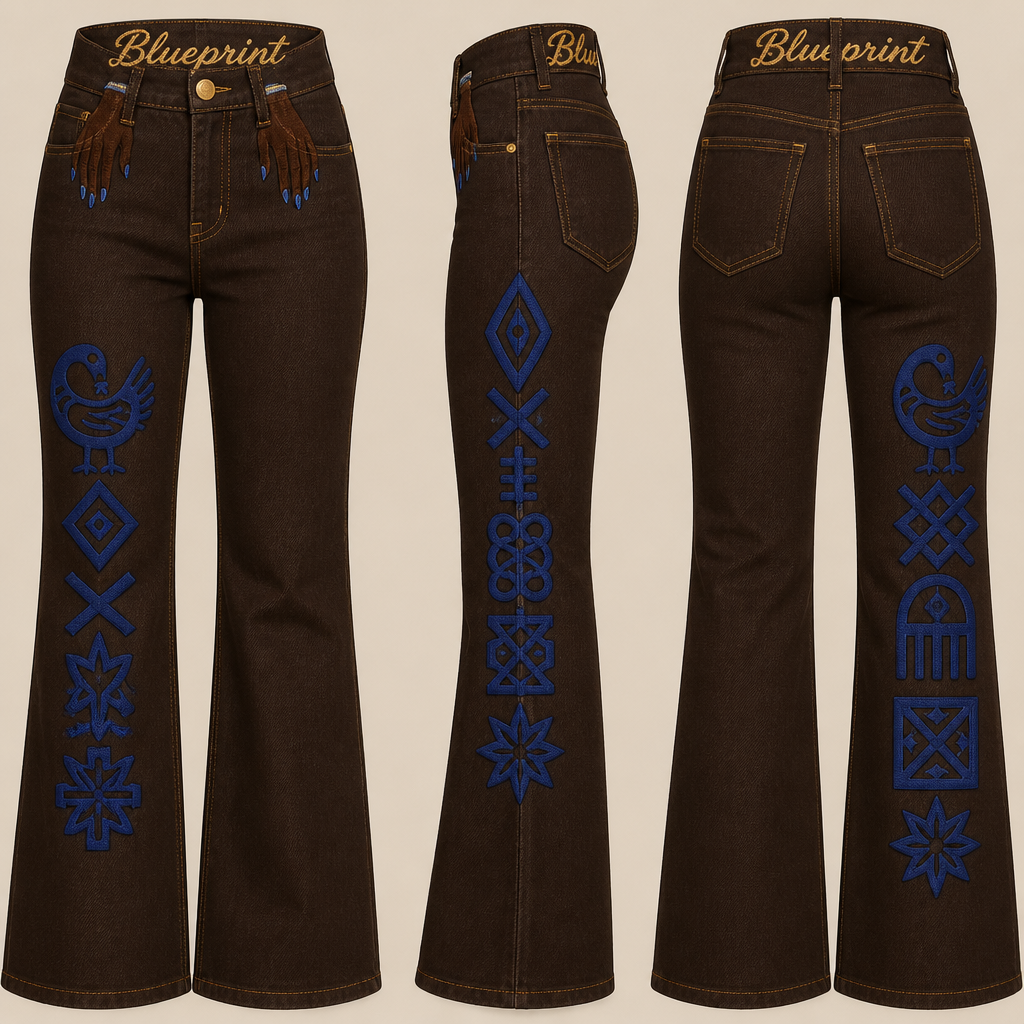 high waisted Chocolate brown bootcut jeans with gold stitching, blueprint embroidery in large cursive font spanning the entire belt band area, including embroidered women's manicured hands with long nails through front belt loops, add blue sankofa and bese saka patterns to pants legs
High-waisted, bootcut chocolate brown denim jeans. Gold stitching. Blueprint embroidery in large cursive font on belt band. Embroidered women's hands with long nails through front belt loops. Blue Sankofa and Bese Saka patterns on pants legs.