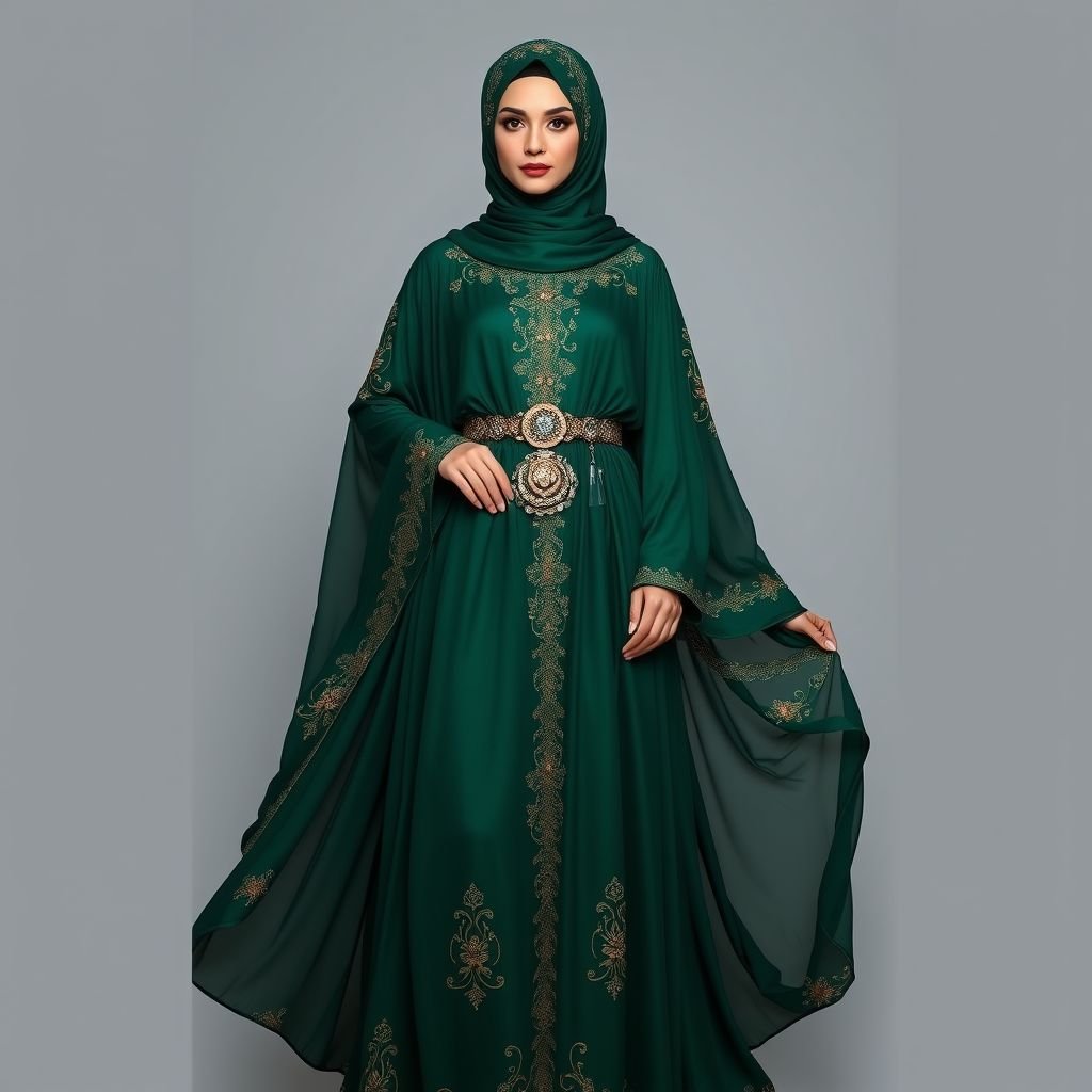Arab women's abaya design
An elegant abaya, flowing and floor-length, crafted from luxurious silk in deep emerald green. Intricate gold embroidery tracing delicate floral patterns along the sleeves and hem. Sheer chiffon overlay, creating a soft silhouette. An ornate, embellished belt cinching the waist, and a matching hijab, adorned with subtle sparkle, exuding grace and sophistication.