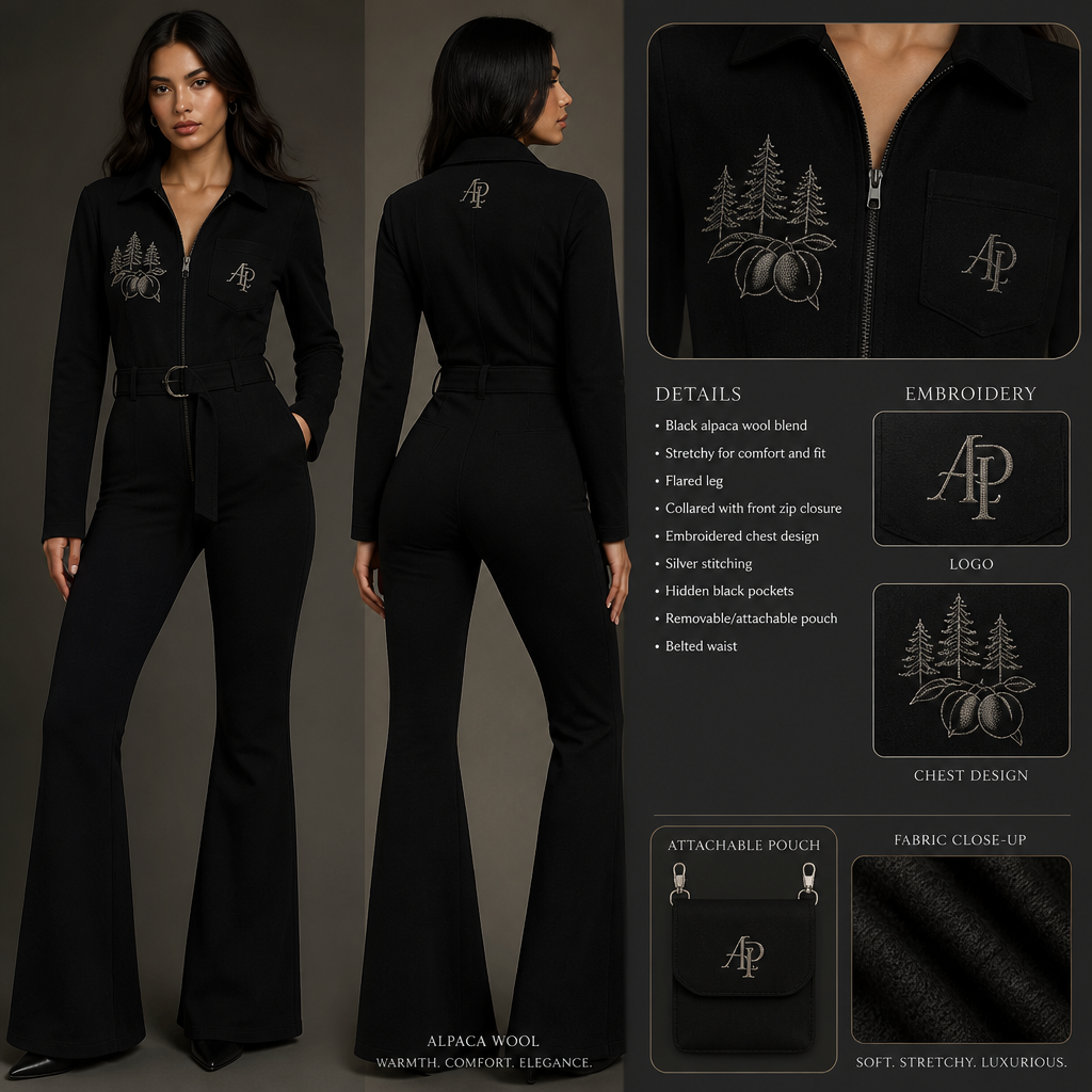 Black warm collared, belted, and stretchy long-sleeve timeless elegance professional flare leg jumpsuit made of alpaca wool with silver cursive font embroidered "Georgian Crystal at Blue Ridge Resort" logo pocket with silver stitching, then add hidden black pockets. Make sure non-sheen pockets have silver stitching. Include an attachable hidden black pouch to hold pens, a small pen pad, front office cordless phone, and front office keys. Large logo should include a silver-stitched only Southern Live Oak Tree with Spanish Moss and Peach Trees with fallen peaches, influenced by the Atlanta skyline on the front chest area only, and The entire front chest logo size should be the size of a circular plate, including the resort name within the circular plate only. Create a design for women in the front office only.
Black alpaca wool jumpsuit. Flare leg, collared, belted. Stretchy fabric. Features embroidered logo on pocket and chest, with silver stitching. Front chest design includes trees and peaches. Hidden black pockets and attachable pouch. For women.