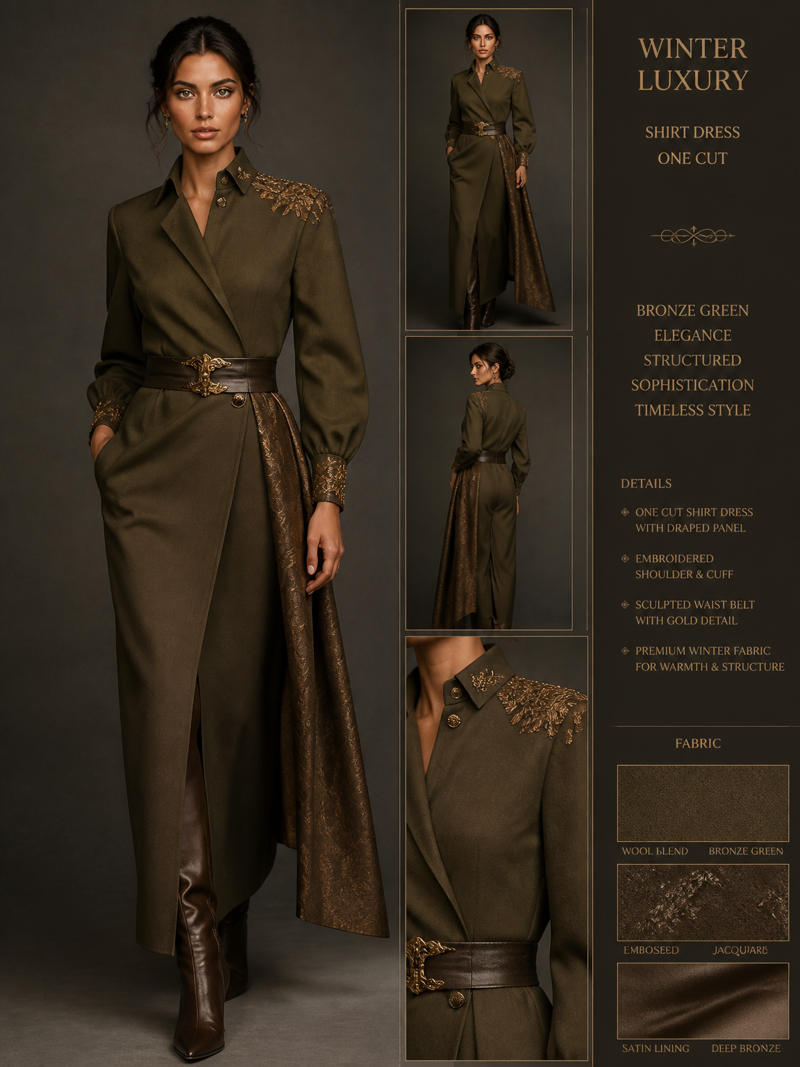 create winter unique work formal out fit luxury with bronze green eye model shirt dress out fit one cut
create winter unique work formal out fit luxury with bronze green eye model shirt dress out fit one cut, classic style