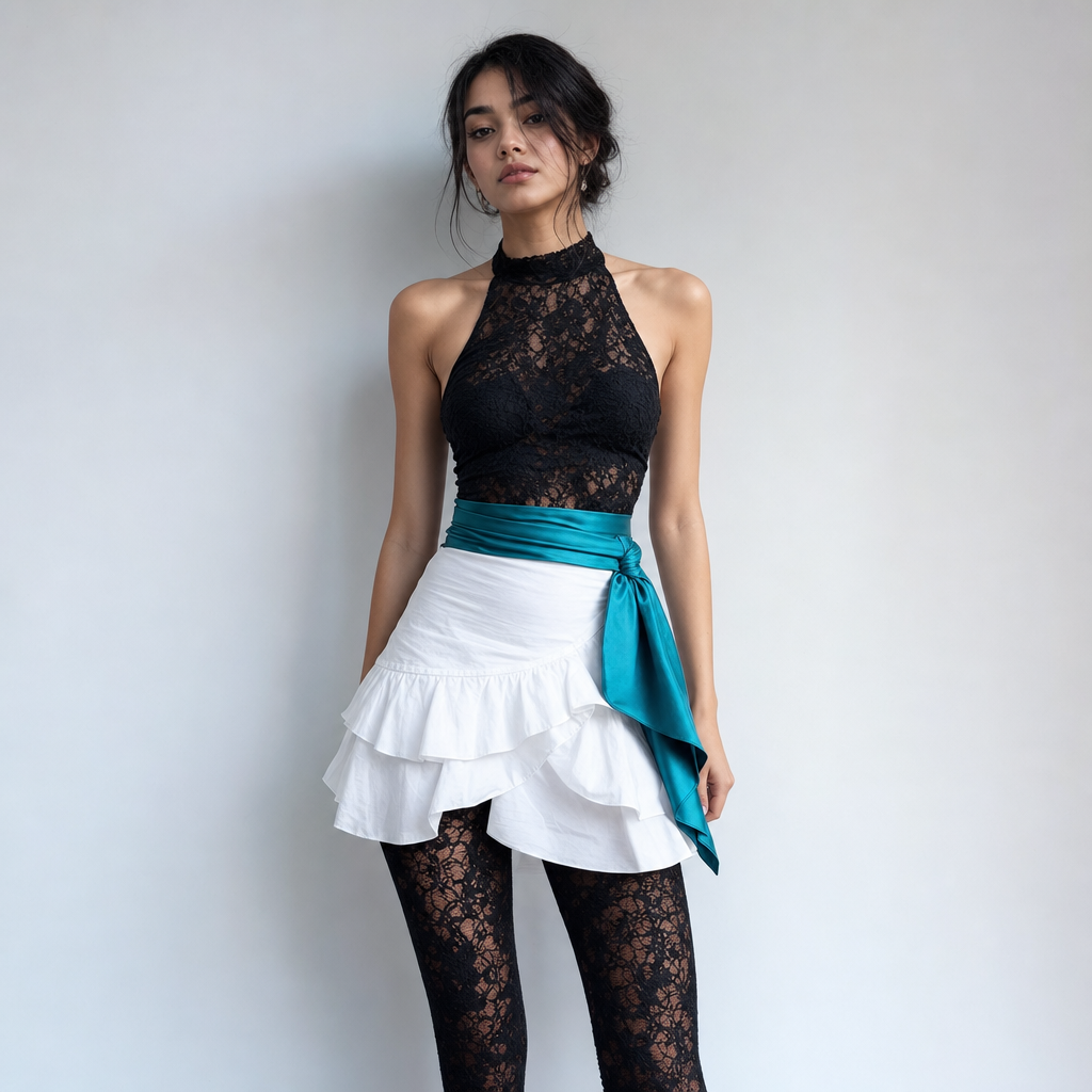 Black lace halter top with white ruffle skirt and turquoise sash in middle and black long lace leggings under white skirt
Contemporary fashion design: Sleek black lace halter top. Clean white cotton ruffle skirt, mini length. Turquoise sash defines the waist. Slim black lace leggings peeking below the skirt. Minimalist, modern fit.
