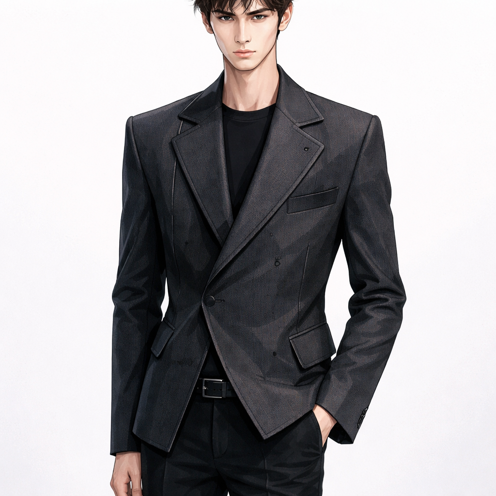 high fashion menswear jacket design,
male model, front view, standing pose,
statement outerwear with strong design details,
structured silhouette, modern tailoring,
asymmetrical elements, layered construction,
premium fabric with visible texture,
dark and neutral tones,
clean studio background,
professional fashion design illustration,
not costume, not cosplay
Korean Fashion fashion design: Professional fashion illustration, front view, male model in standing pose, wearing a high-fashion menswear jacket. The design features a structured, modern silhouette with strategic asymmetrical elements and subtle layering, characteristic of Korean minimalist aesthetics. Crafted from a premium fabric with visible texture, in dark and neutral tones, the jacket balances statement design with everyday wearability. Clean studio background.