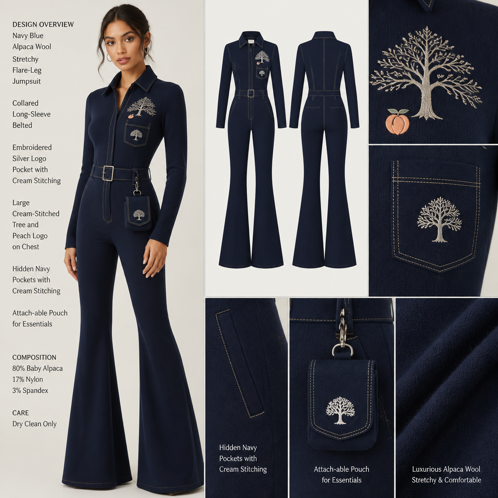 Navy Blue warm collared, belted, and stretchy long-sleeve timeless elegance professional flare leg non jean jumpsuit made of alpaca wool with silver cursive font embroidered "Georgian Crystal at Blue Ridge Resort" logo pocket with cream stitching, then add hidden navy blue pockets. Make sure non-sheen pockets have cream stitching. Include an attachable hidden navy blue pouch to hold pens, a small pen pad, front office cordless phone, and front office keys. Large logo should include a cream-stitched only Southern Live Oak Tree with Spanish Moss and Peach Trees with fallen peaches, influenced by the Atlanta skyline on the front chest area only, and The entire front chest logo size should be the size of a circular plate, including the resort name within the circular plate only. Create a design for women in the front office only.
Navy Blue alpaca wool, flare-leg jumpsuit. Collared, belted, long-sleeve, stretchy. Embroidered silver logo pocket with cream stitching. Large cream-stitched tree and peach logo on the chest. Hidden navy pockets with cream stitching. Attach-able pouch for essentials.