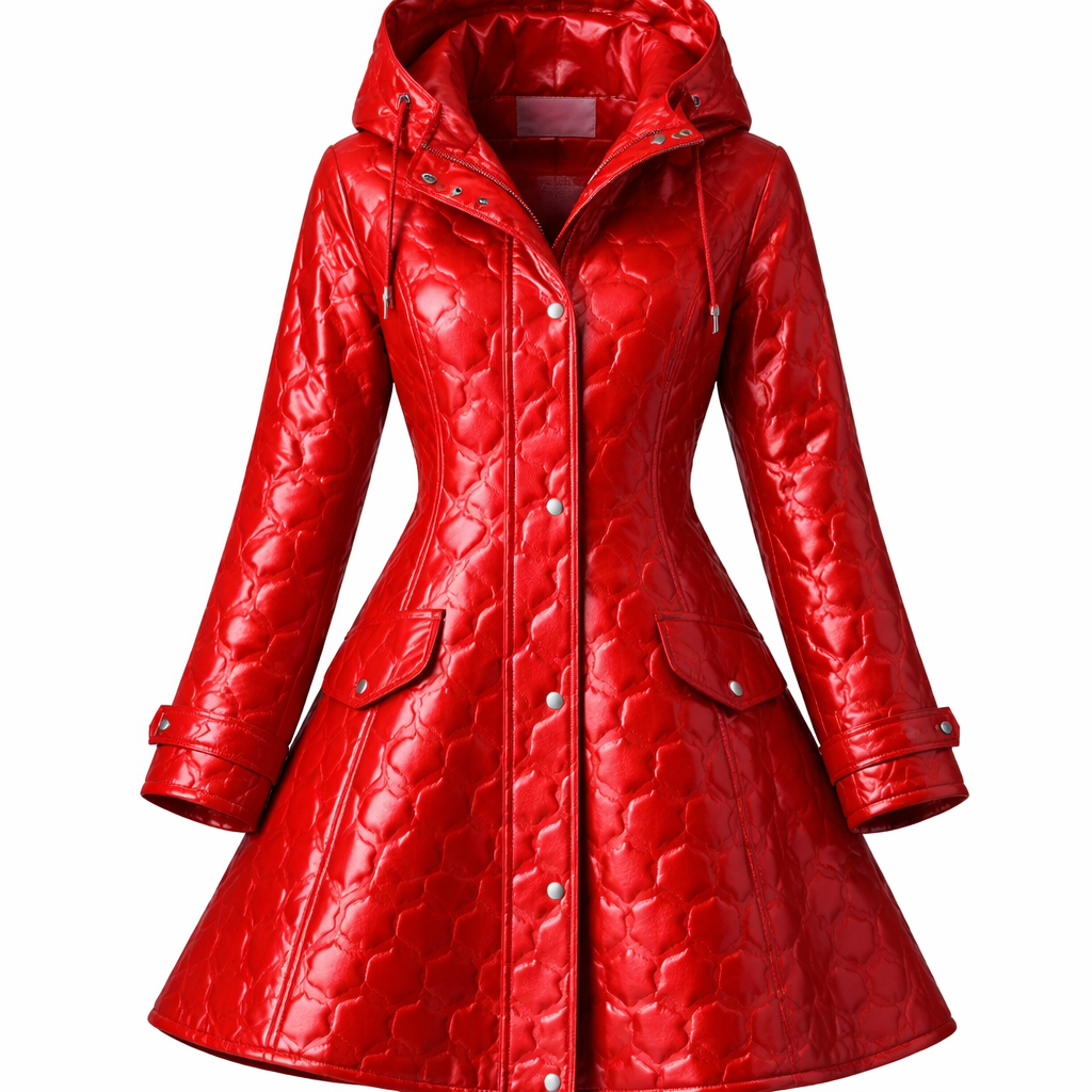 red raincoat with a texture of hearts
Red, waterproof raincoat with a heart-textured pattern, A-line silhouette, and classic fit.