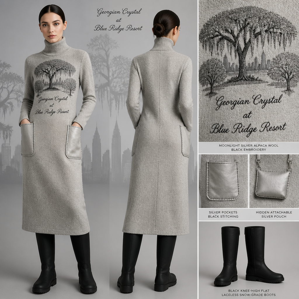 Moonlight silver warm turtleneck long-sleeve timeless elegance tailored shin-length dress made of alpaca wool with cursive font embroidered "Georgian Crystal at Blue Ridge Resort" on front logo with black stitching, then add silver pockets. Make sure pockets have black stitching. Include an attachable hidden silver pouch to hold pens, a small pen pad, front office cordless phone, and front office keys. Large logo should include a black-stitched Southern Live Oak Tree with Spanish Moss and Peach Trees with fallen peaches influenced by the Atlanta skyline on the front chest area only. Create a design for women in the front office only. Include black knee-high professional snow-grade flat boots for front office team members who may need to visit the outside grounds of the resort in the snow. no laces on boots
Moonlight silver alpaca wool turtleneck long-sleeve, tailored shin-length dress. Embroidered cursive "Georgian Crystal at Blue Ridge Resort" with black stitching. Silver pockets with black stitching. Hidden attachable silver pouch. Large black-stitched Southern Live Oak Tree, Spanish Moss, Peach Trees, and Atlanta skyline pattern on chest. Black knee-high flat, laceless snow-grade boots.