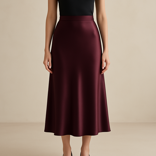 A luxury fashion product photo for an online store. A female model wears a midi satin skirt in deep dark bordeaux. The skirt is the main focus: silky, fluid texture, premium high-quality fabric, elegant drape. Minimal styling, no blazer, no jacket, no accessories. Neutral studio-like background, soft daylight, ghost mannequin 3D/4D effect to highlight the skirt shape. Clean, minimal, professional e-commerce photography.