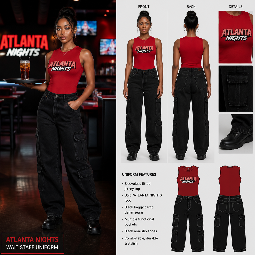 womens wait staff uniform with red sleeveless, fitted jersey with ATLANTA NIGHTS business logo tucked in with black baggy cargo fit denim with multiple pockets and relaxed, streetwear inspired and black non slip shoes
Women's wait staff uniform: red sleeveless, fitted jersey top with "ATLANTA NIGHTS" logo, tucked into black baggy cargo denim jeans with multiple pockets, relaxed fit, and black non-slip shoes.