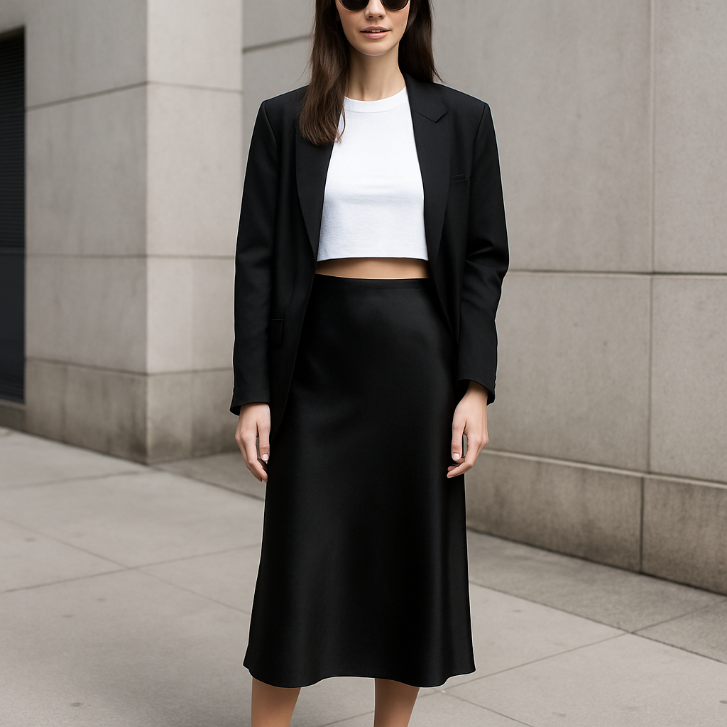 Street style fashion full-body photo of a female model in a clean urban setting. She wears a white crop t-shirt (same design as reference), a black satin midi skirt, and a relaxed black blazer draped over her shoulders. Show the entire figure from head to toe without cropping. The outfit is minimal, chic, and easy to style. Focus on total look harmony with modern city vibe. Natural light, realistic textures, high-quality photography.
Street style fashion full-body photo of a female model in a clean urban setting. She wears a white crop t-shirt (same design as reference), a black satin midi skirt, and a relaxed black blazer draped over her shoulders. Show the entire figure from head to toe without cropping. The outfit is minimal, chic, and easy to style. Focus on total look harmony with modern city vibe. Natural light, realistic textures, high-quality photography.
