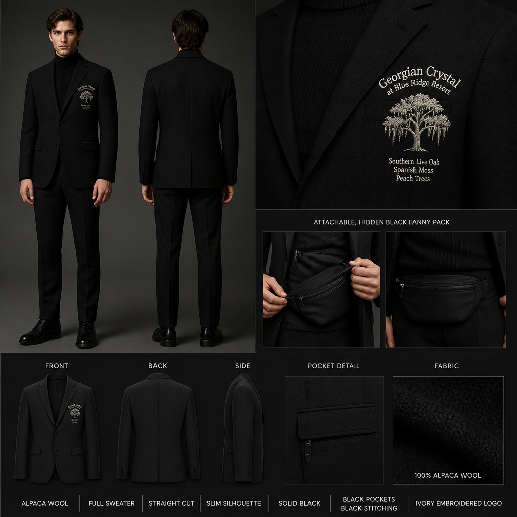All Black warm long-sleeve alpaca wool full sweater tailored blazer suit with black pockets. Make sure pockets have black stitching. Include an attachable, hidden black sleek fanny pack to hold pens, a small pen pad, front office cordless phone, and front office keys. The logo should have the business name "Georgian Crystal at Blue Ridge Resort" embroidered with Ivory stitching. Include an ivory embroidered Southern Live Oak Tree with Spanish Moss and Peach Trees with fallen peaches gracing it like the Atlanta skyline. Please create a design for men only. logo should be located on the front of the blazer only
Men's tailored blazer suit, alpaca wool, full sweater. Long-sleeve, all black. Straight cut, slim silhouette. Solid black with black pockets and black stitching. Ivory embroidered logo on front: "Georgian Crystal at Blue Ridge Resort", Southern Live Oak, Spanish Moss, Peach Trees. Attachable, hidden black fanny pack.