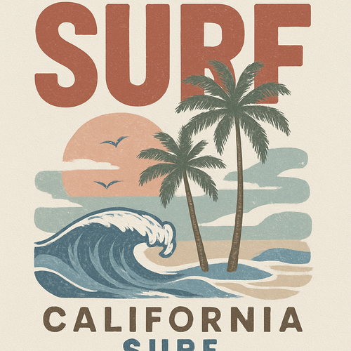 Create a collection of streetwear-inspired graphics and logos for t-shirts and hoodies, featuring oversized typography, minimalistic California surf type vibes, palm trees, seagulls, waves, and abstract beach elements. Use a relaxed, youthful, urban style with muted pastels, washed denim blues, and earthy tones. Designs should look modern, trendy, and wearable, suitable for printing on apparel. High detail, vector-style clarity, bold yet casual aesthetic.