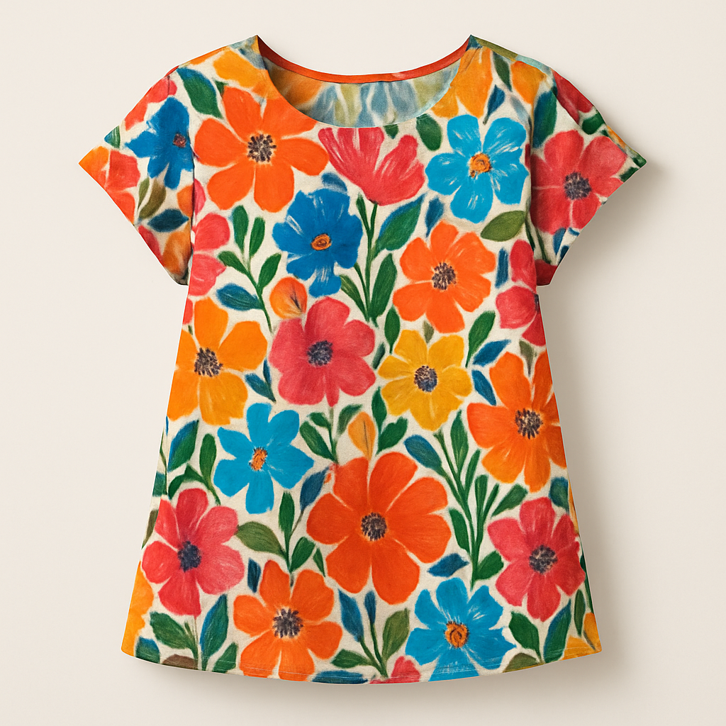 A gorgeous Fashionable Kamij
Ready To Wear fashion design: Stylish cotton A-line top, vibrant floral pattern, relaxed fit, cap sleeves, mid-hip length.