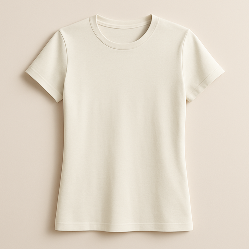 A premium women’s basic crew neck t-shirt, slim-relaxed fit, made of first-class high-quality cotton fabric with a soft luxurious texture, short sleeves, minimal and elegant design. Photographed in natural daylight, clean background, ultra-detailed premium cotton fabric texture, hyperrealistic knit stitches, 3D depth of field close-up, fashion e-commerce product photography aesthetic.
