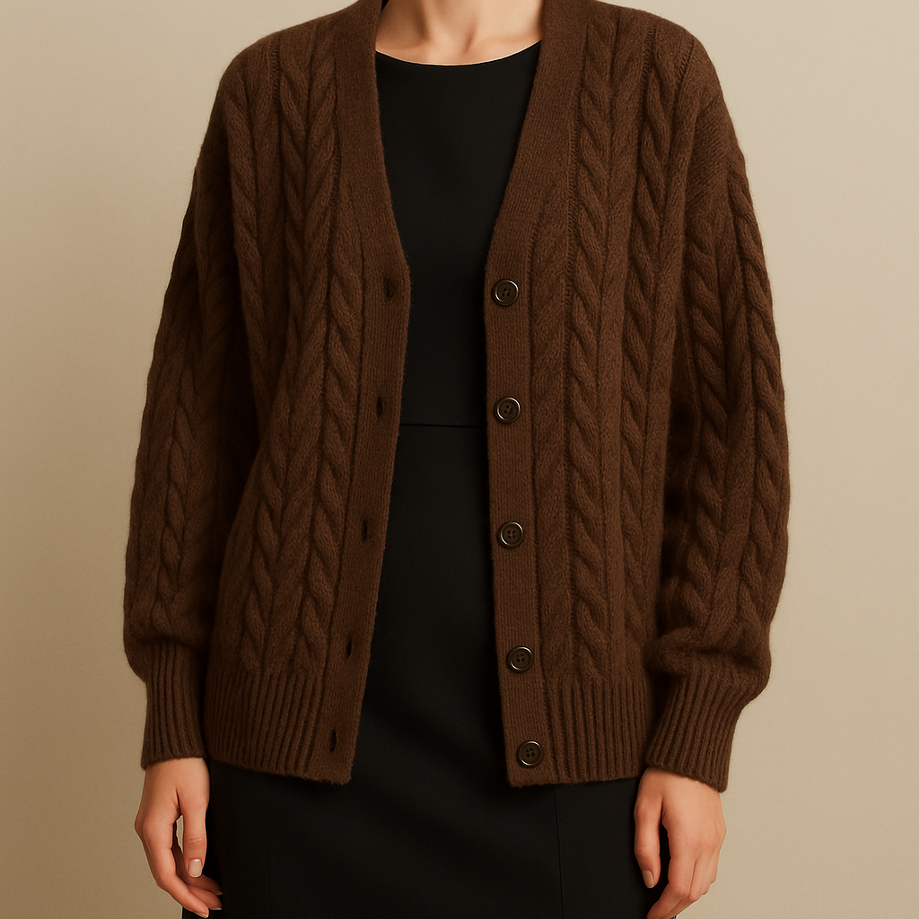 A luxury oversized knitted long cardigan in rich chocolate brown, featuring visible textured cable knit pattern on the body, with distinct ribbed knit edges and cuffs, thick soft wool fabric, cozy and elegant drape. Ultra-detailed fabric texture, hyperrealistic knit stitches, 3D depth of field close-up, cinematic lighting. Styled with a minimal chic slip dress, high-fashion editorial look, photographed in natural daylight, luxury brand campaign aesthetic
luxury brand campaign aesthetic


Classic fashion design: Classic chocolate brown wool cardigan, oversized, cable knit body, ribbed edges and cuffs. Soft, thick fabric, elegant drape. Worn over a tailored black dress. Clean lines, perfect fit.
