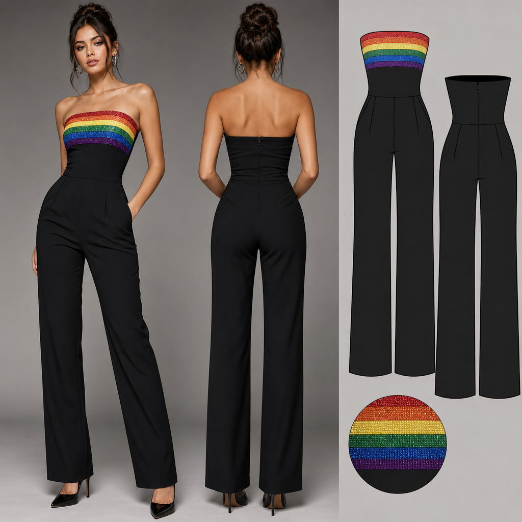 Long pant black strapless jumper. Top of jumper tight with rainbow on top. Black high heel.
Long pant black strapless jumper. Top of jumper tight with rainbow on top. Black high heel.